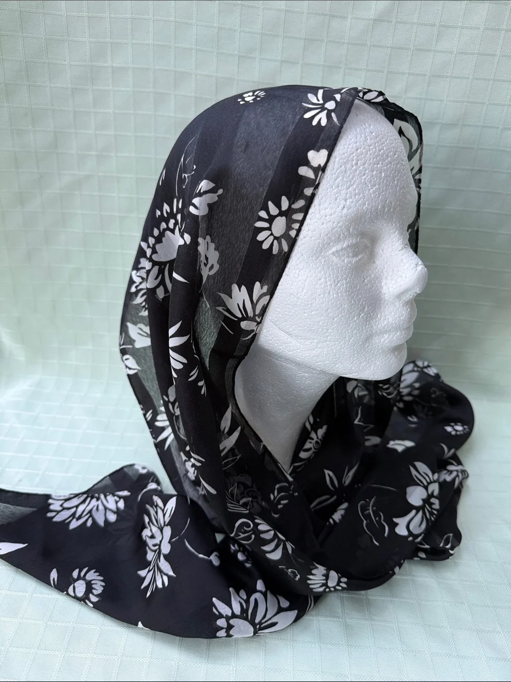 Vintage Black & White Floral Lightweight Silky Scarf